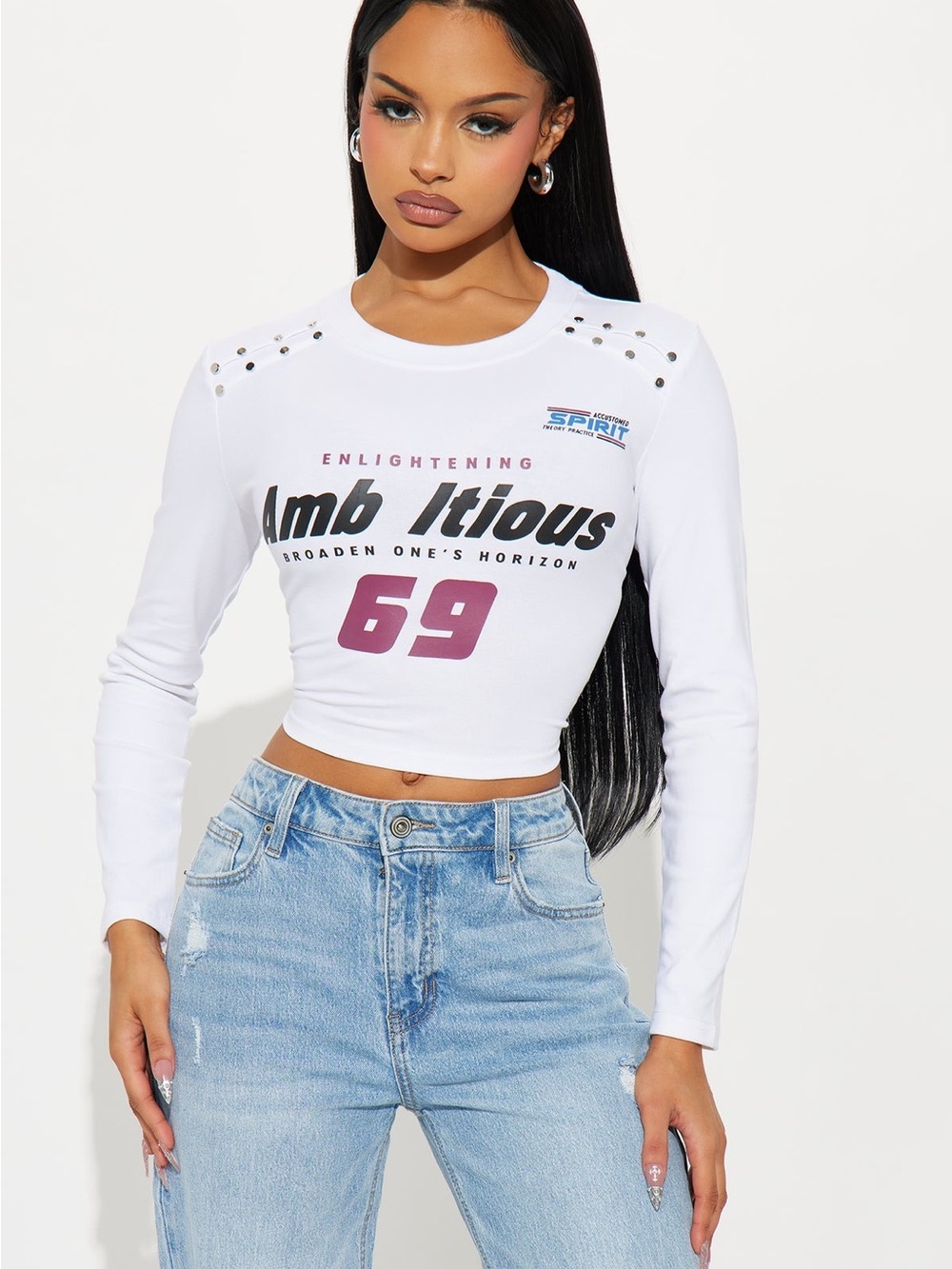 Fashion Nova White 'Ambitious' Graphic Long-Sleeve Crop Top